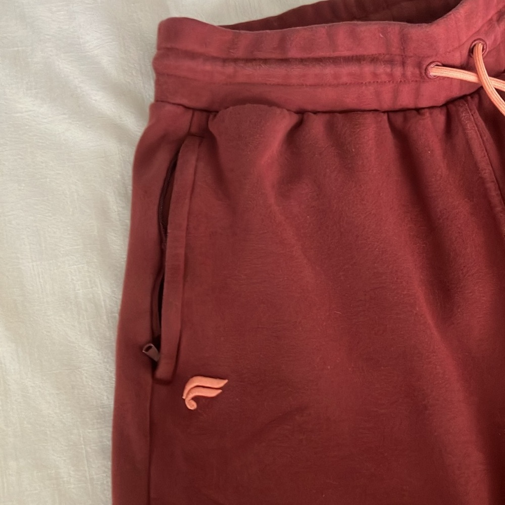 Fabletics Maroon Track Joggers with Peach Accent